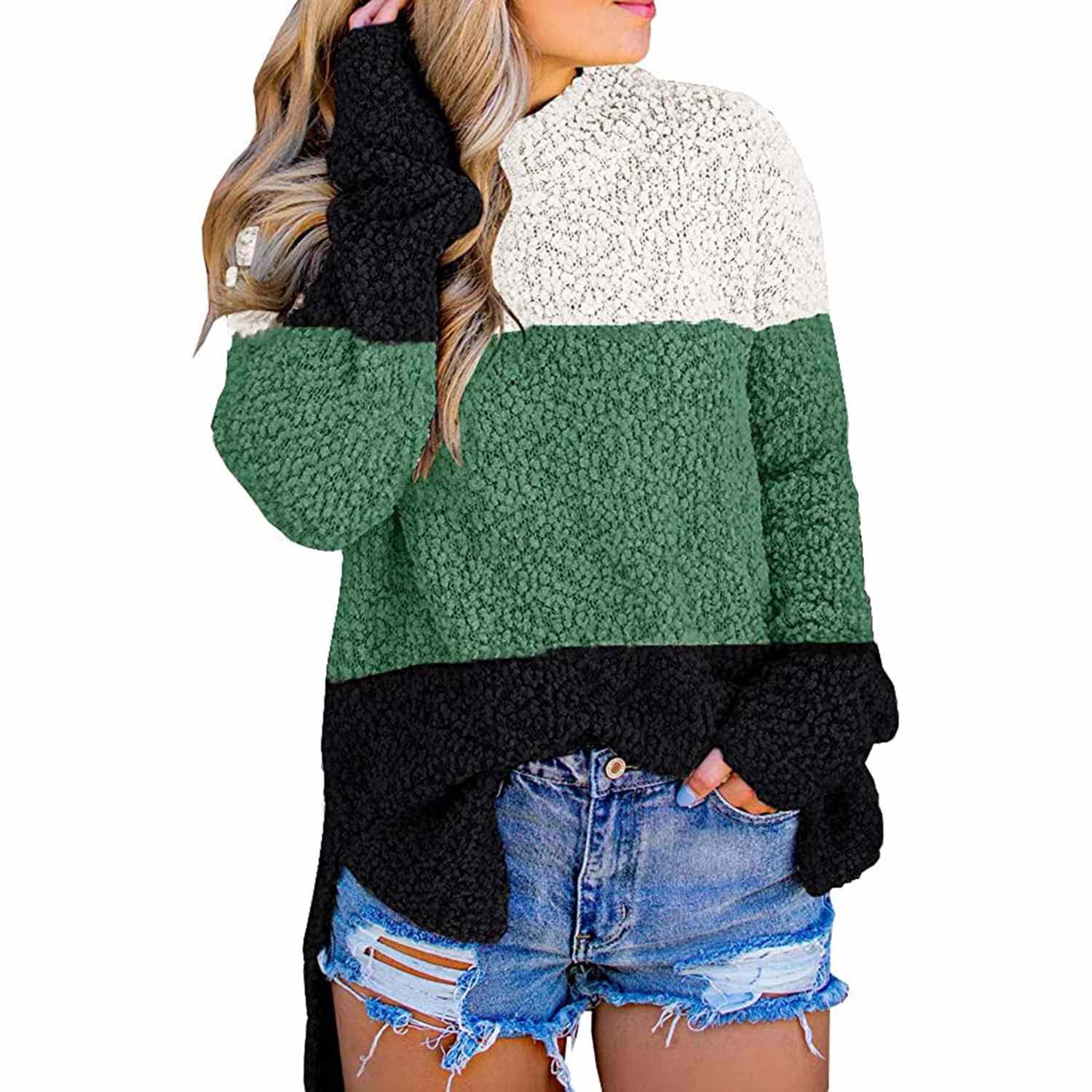 Imily Bela Womens Fuzzy Knitted Sweater Sherpa Fleece in White, Green, and Black