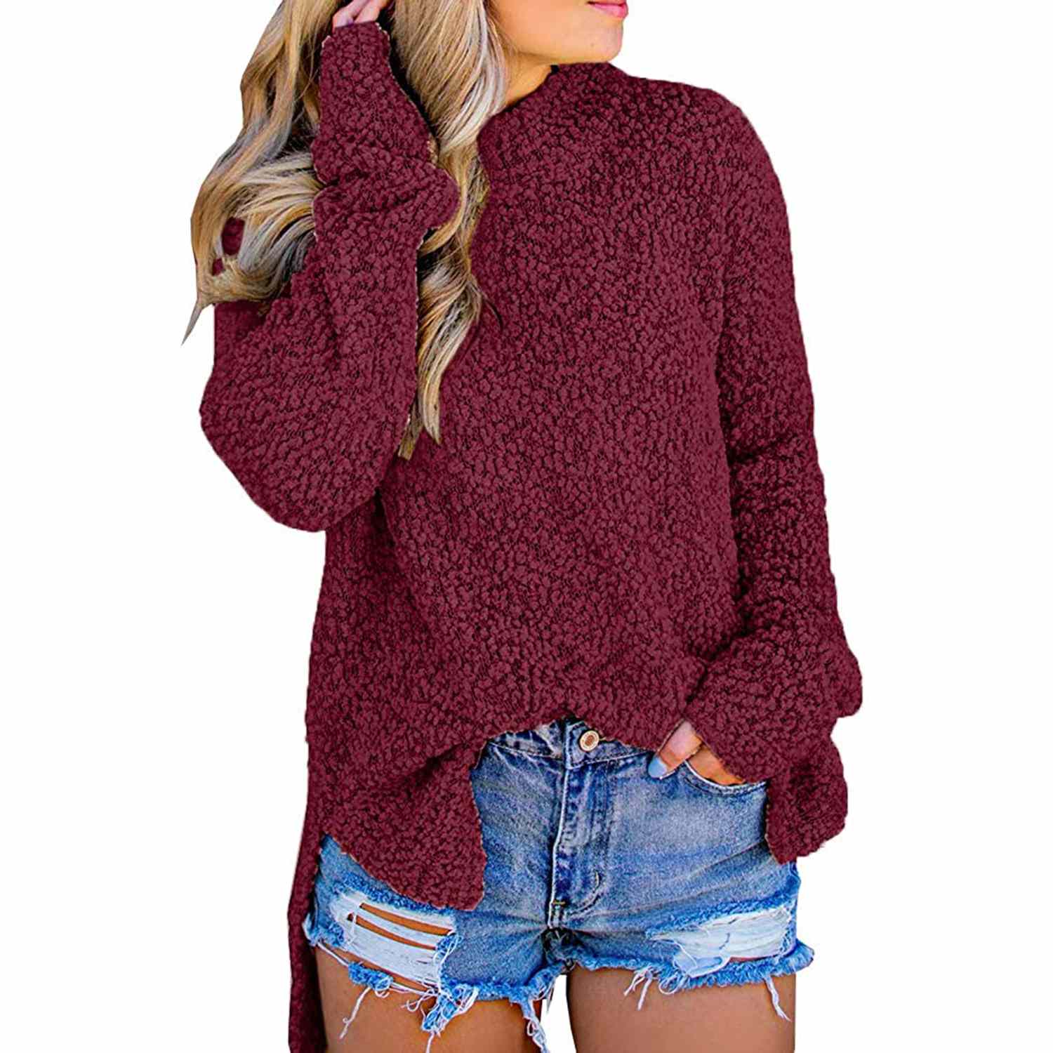 Imily Bela Womens Fuzzy Knitted Sweater Sherpa Fleece in Wine Red