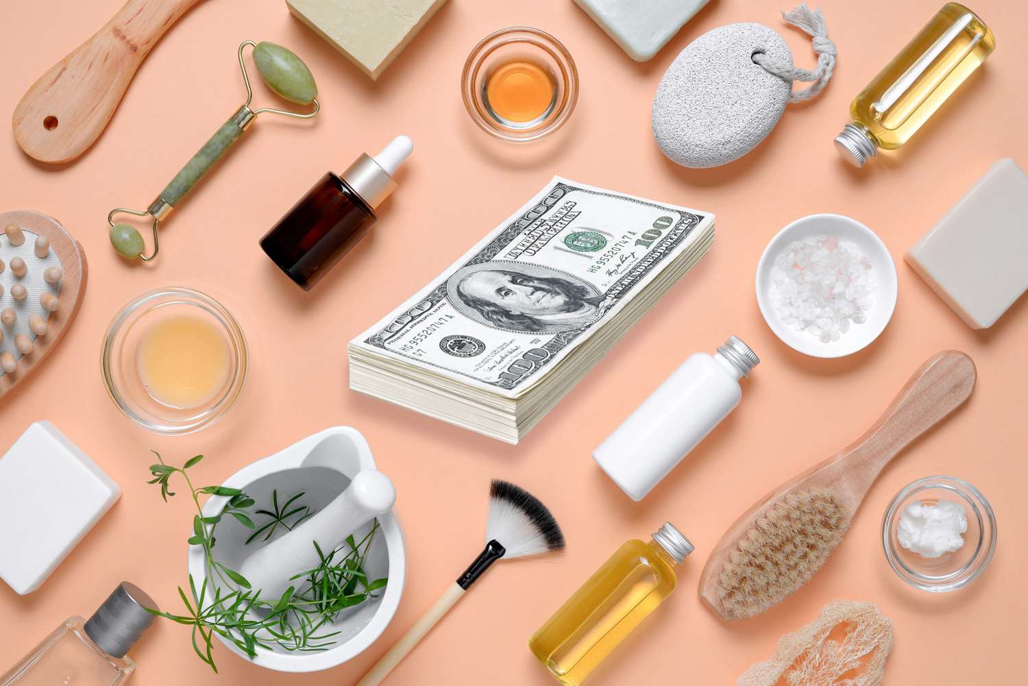 home skin care with stack of dollar bills