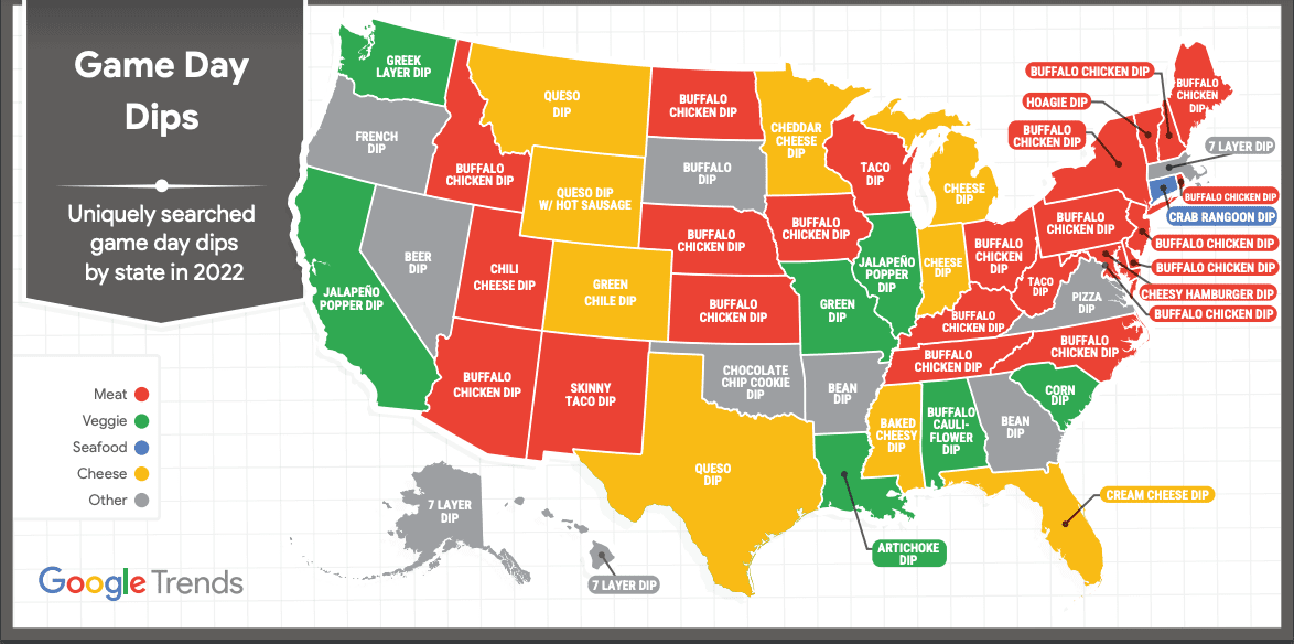 A Google map of the most uniquely searched Super Bowl dips in each state