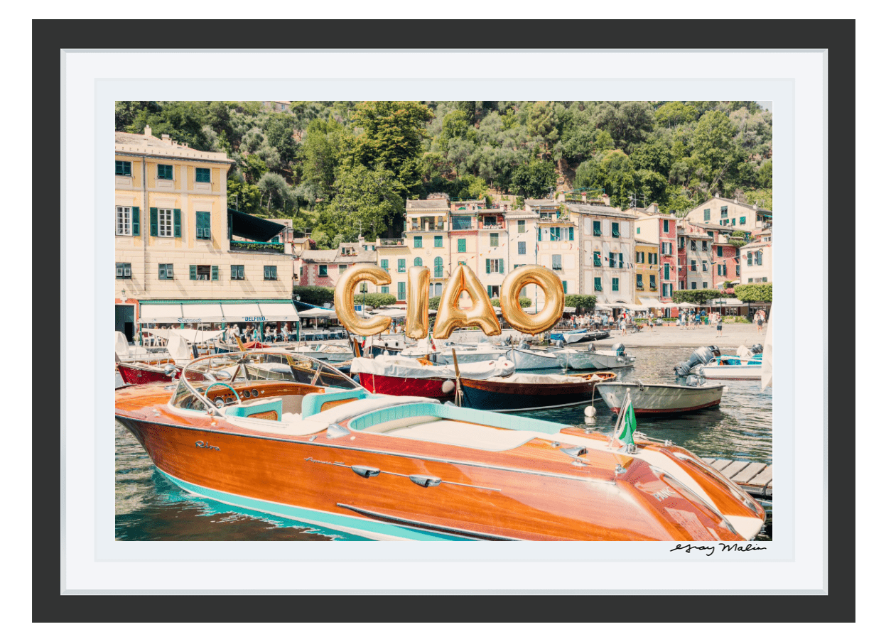 CIAO in gold bubble letters in Portofino port
