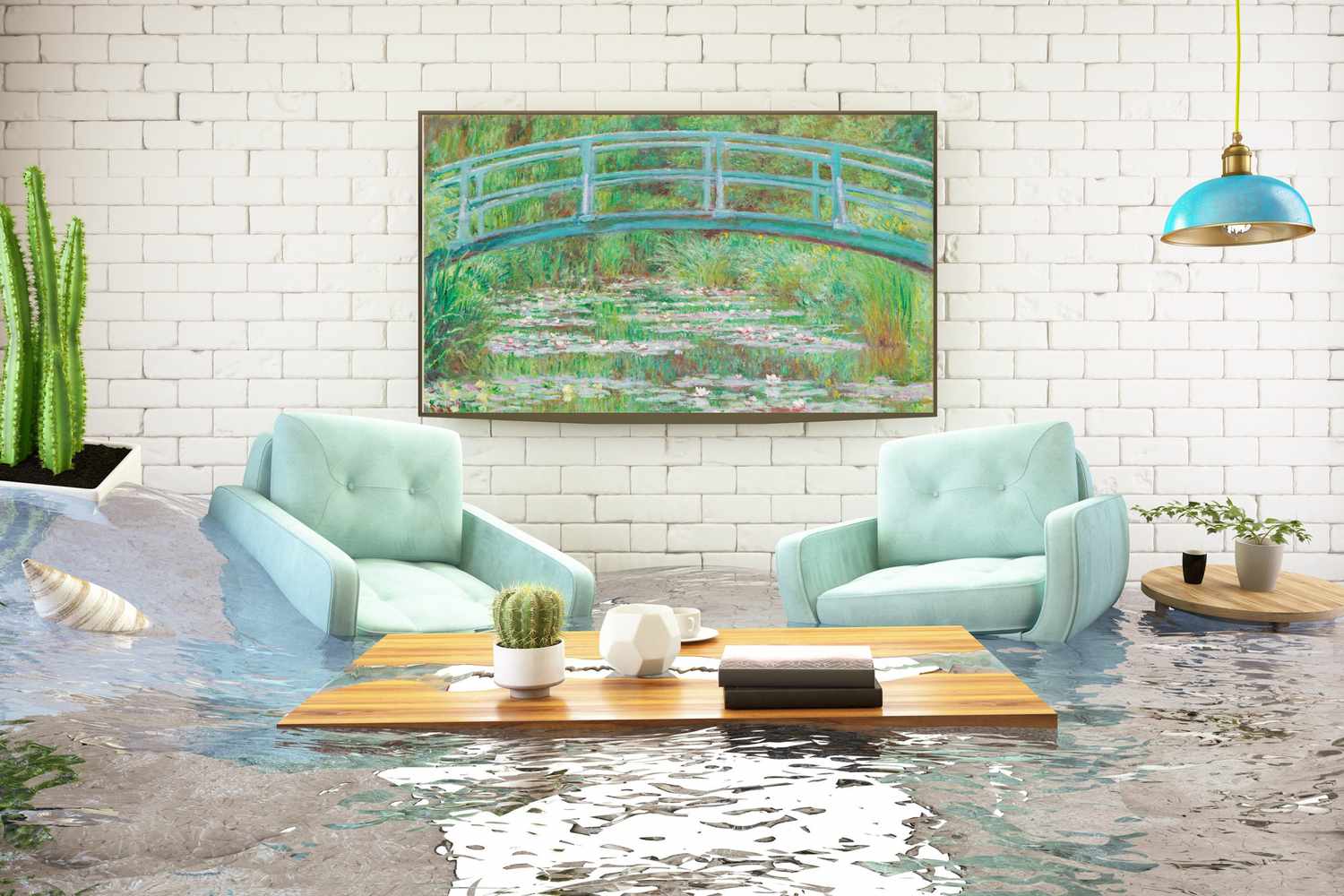 flood in a living room with a monet painting