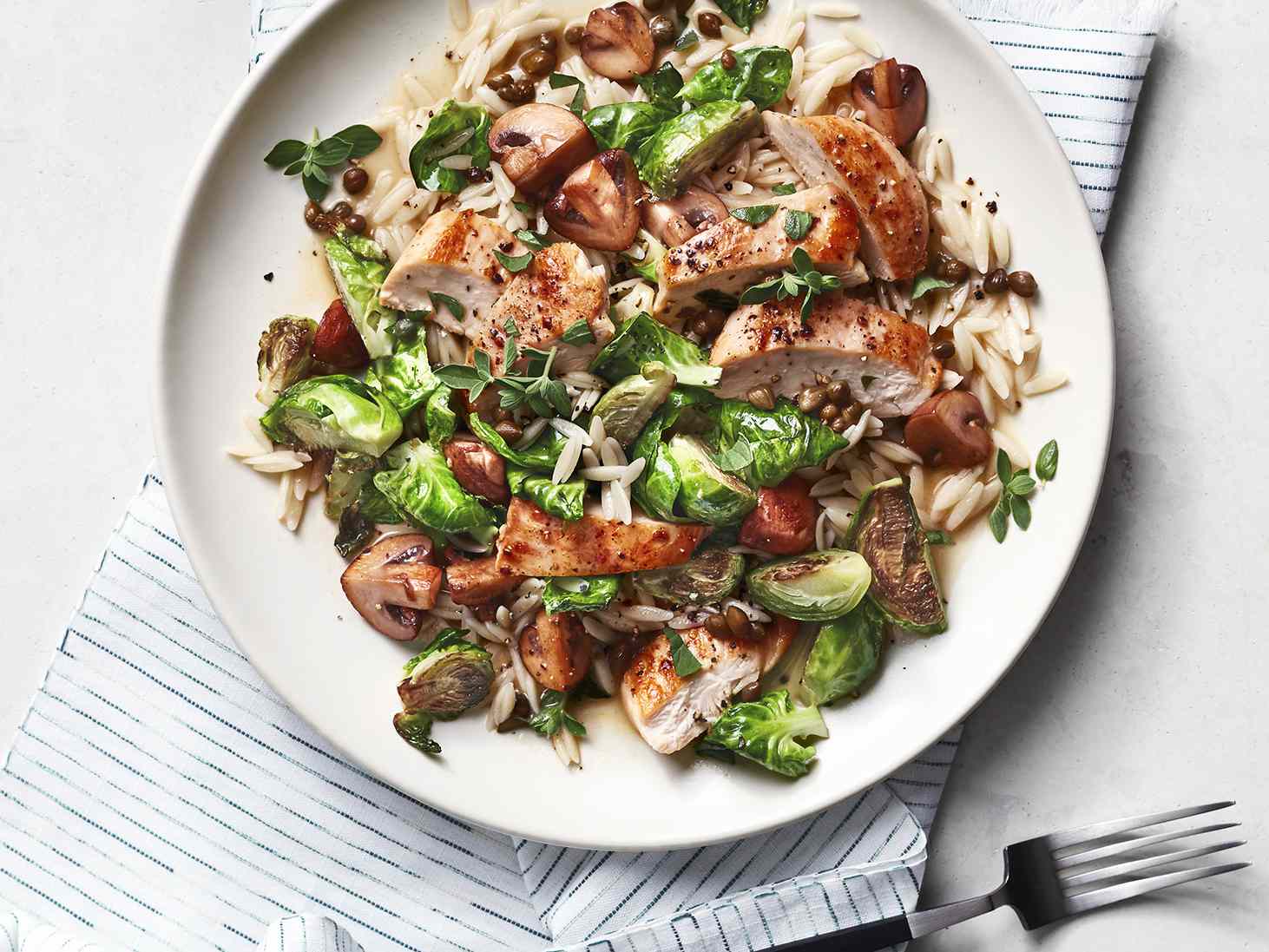 Real Simple: Chicken Piccata with Mushroom and Brussel Sprouts