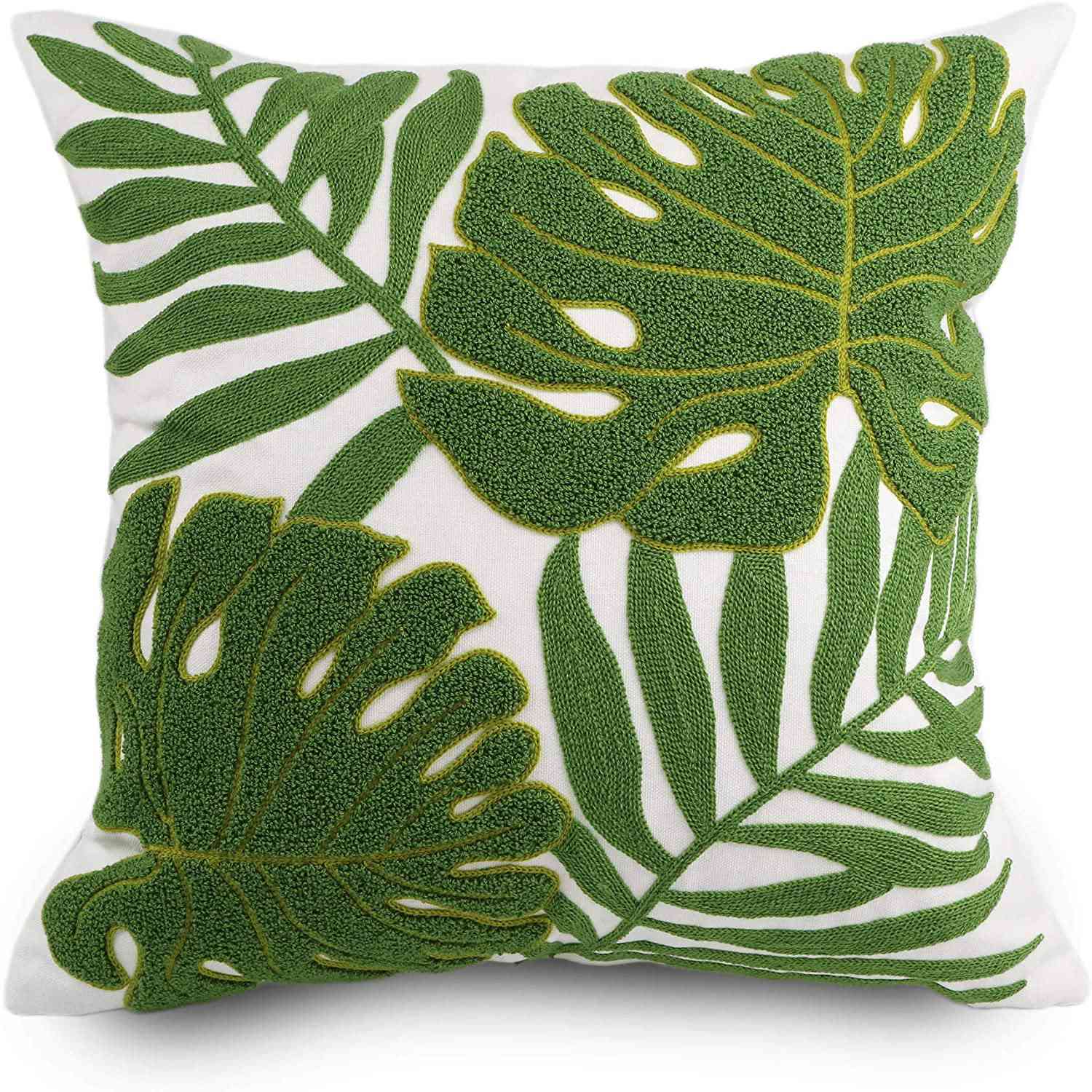 Hodeco Decorative Throw Pillow Covers 18x18 Tropical Green Leaves Embroidery