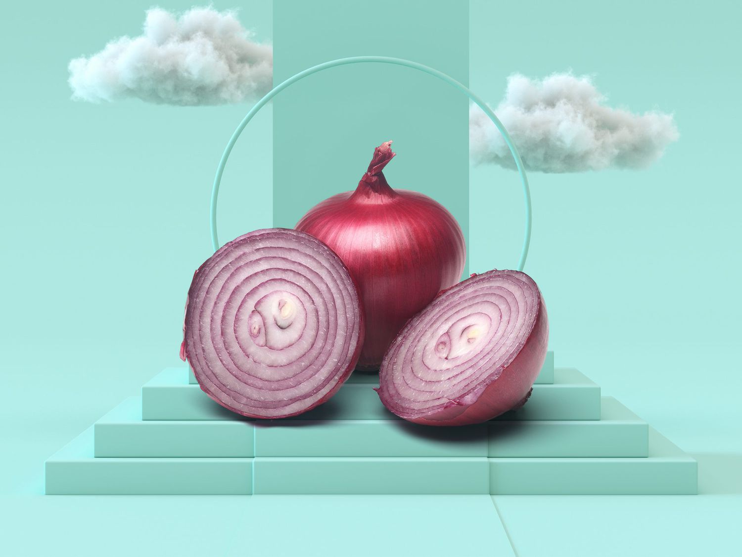 red onions on a pedestal with clouds