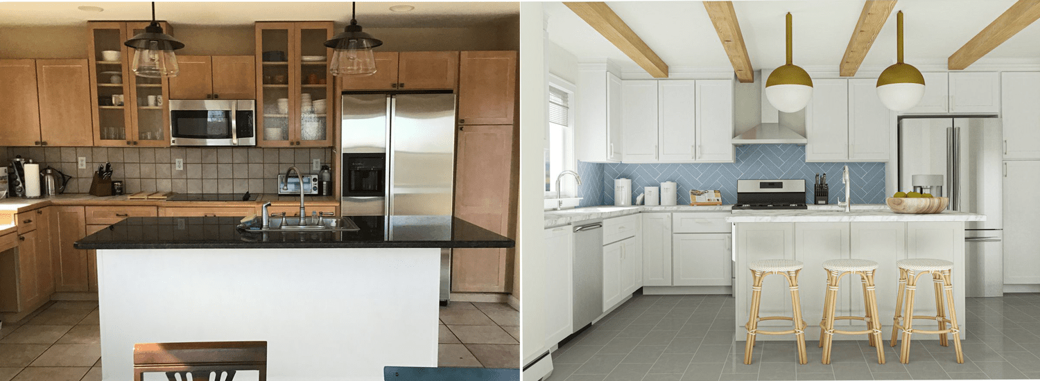Modsy Kitchen Before and After redesign in a 3D rendering