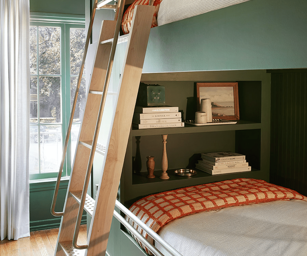 dark sage green bunk beds for adults with built-in shelves for storage