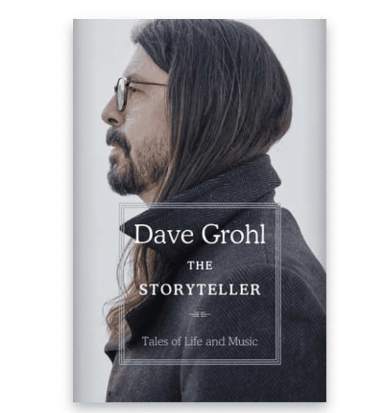 Foo Fighters' Dave Grohl in profile on cover of the book The Storyteller