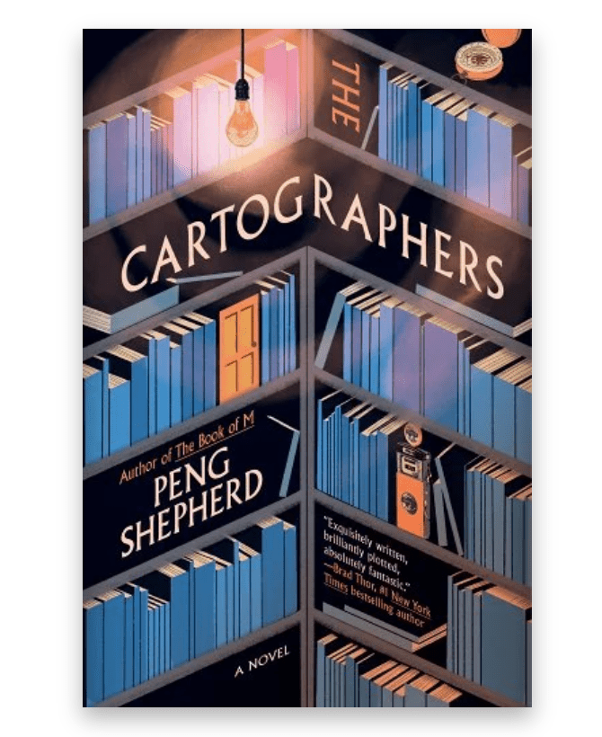 Cover with a bookshelf with blue and pink books for The Cartographers