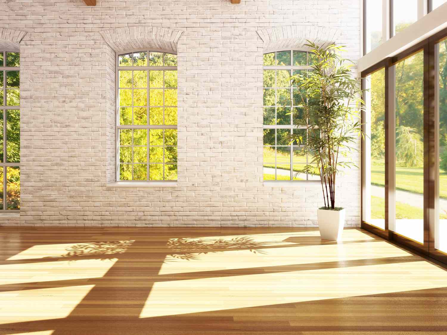 hardwood floors with natural light and a potted plant