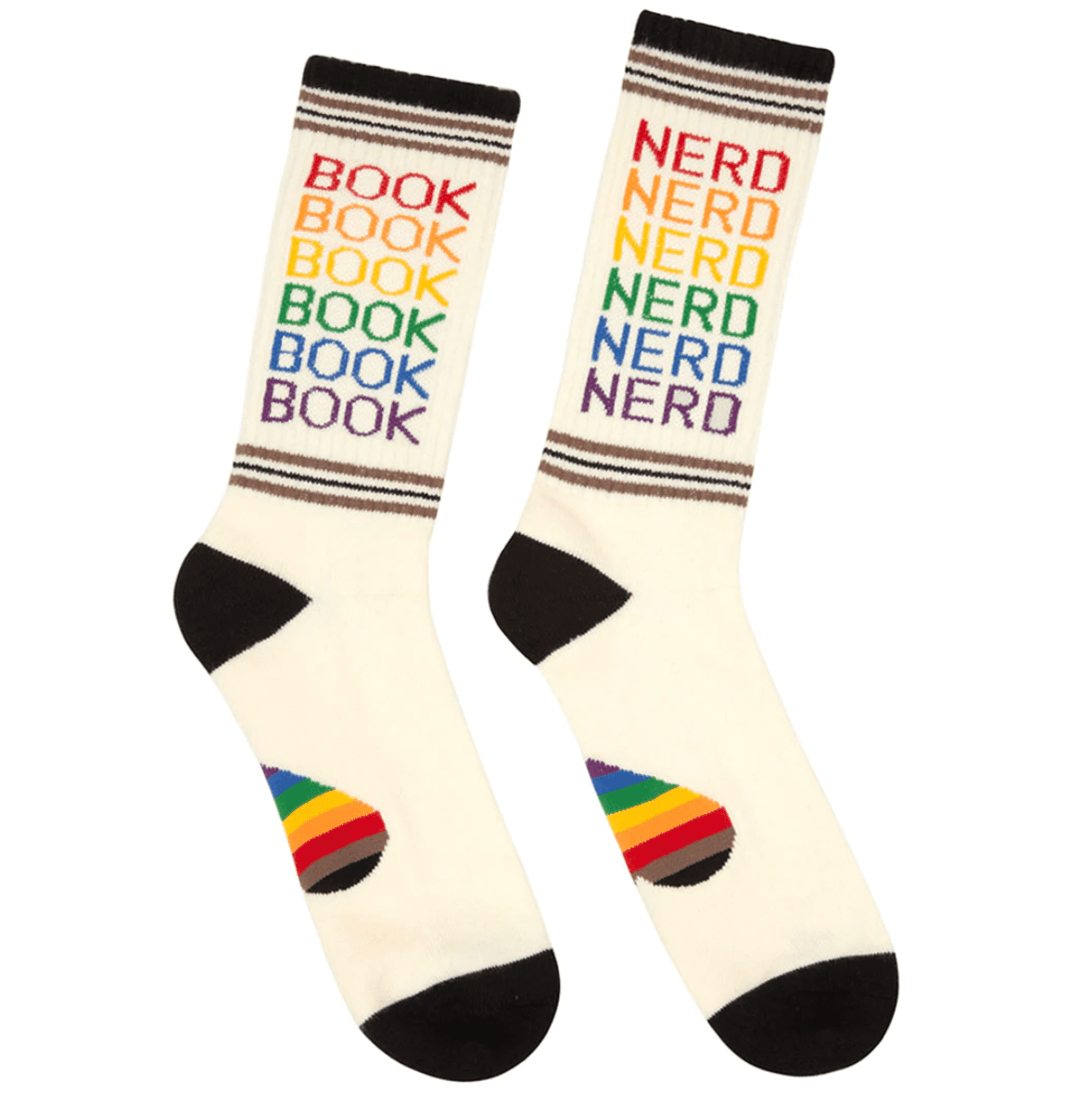 Socks that say book nerd in rainbow colors