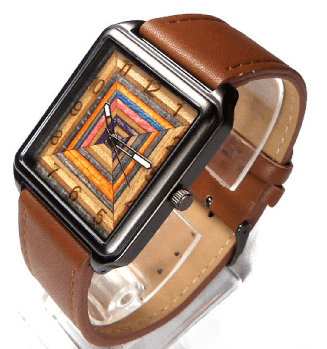 Watch with brown leather ban and a square striped watch face