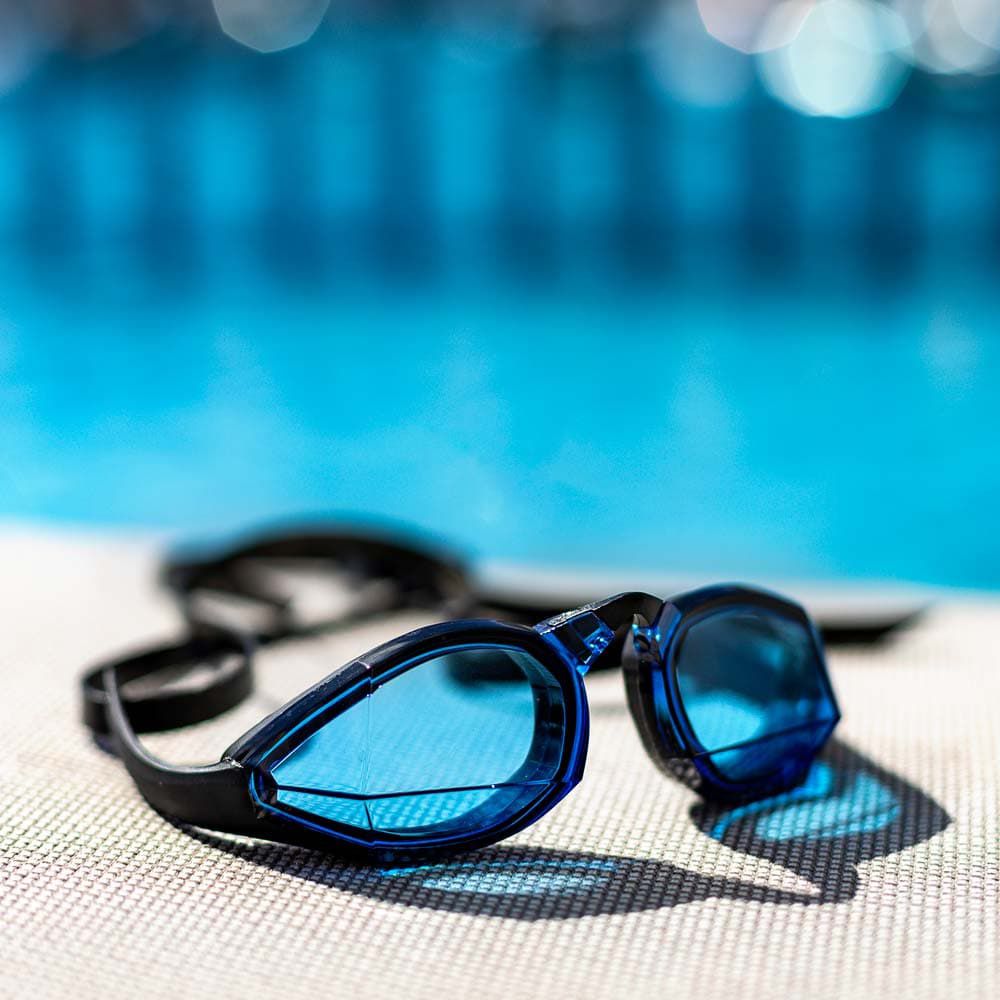 blue swimming goggles