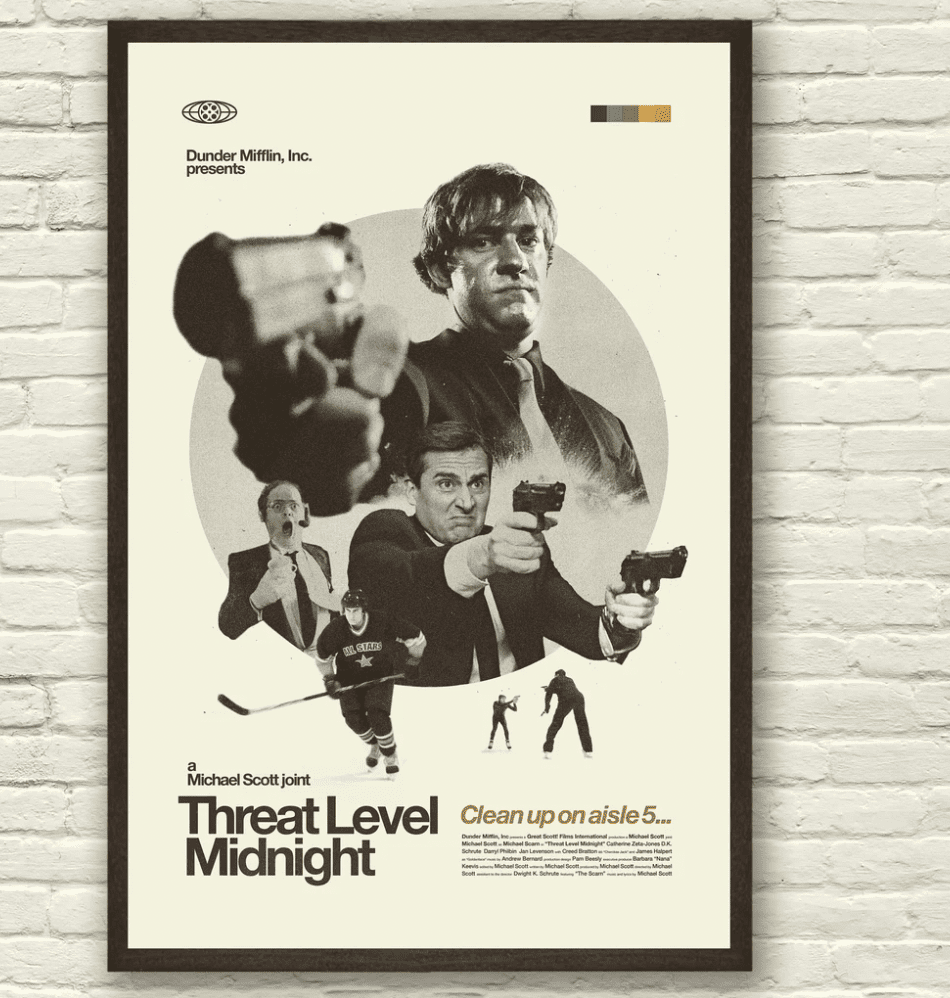 Black-and-white movie poster for The Office-inspired Threat Level Midnight movie