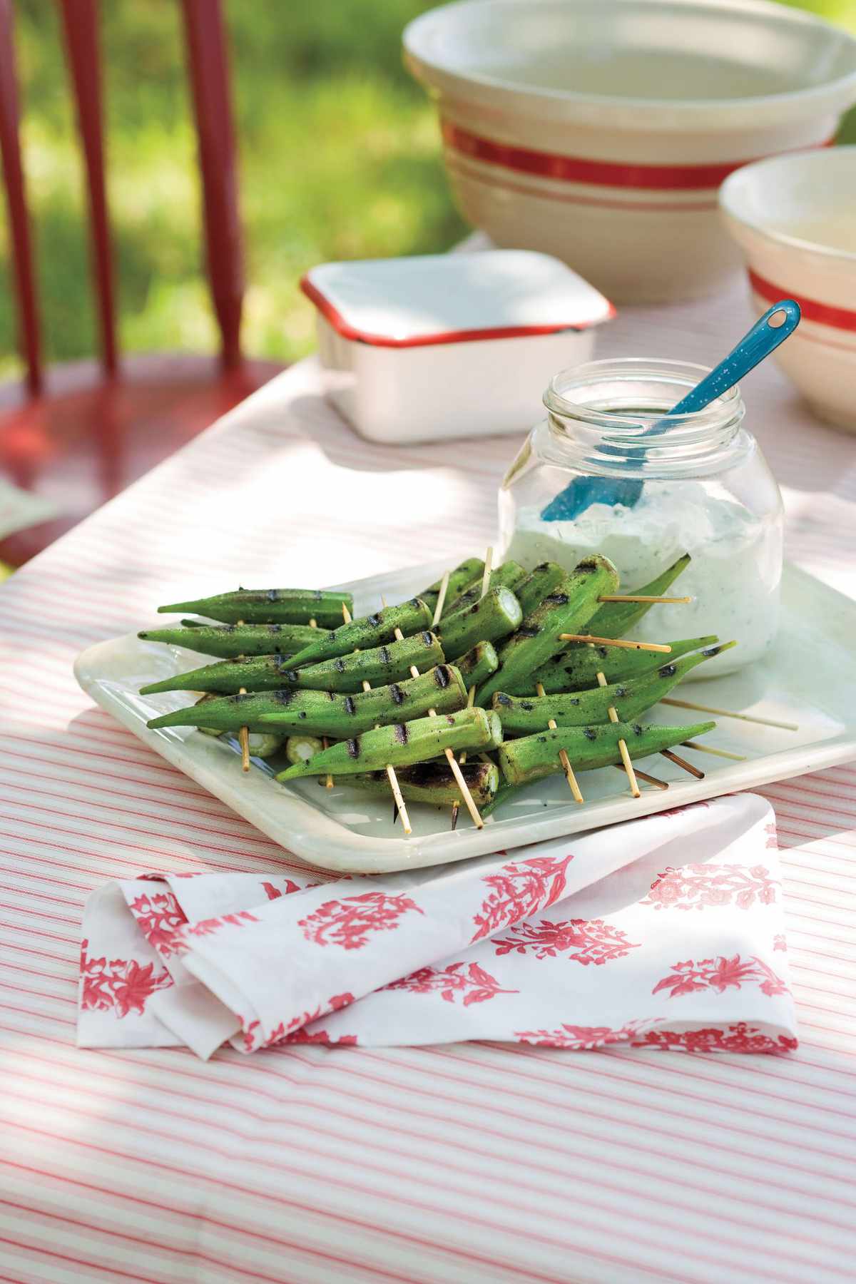 Peppery Grilled Okra with Lemon-Basil Dipping Sauce