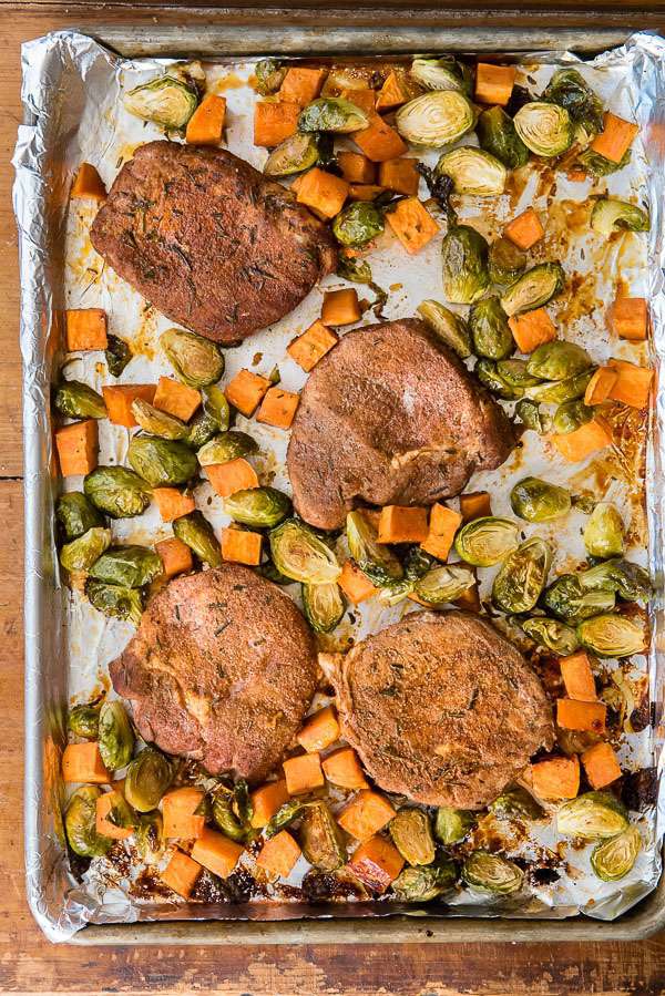 Spicy Pork Chops with Brussels Sprouts and Sweet Potatoes