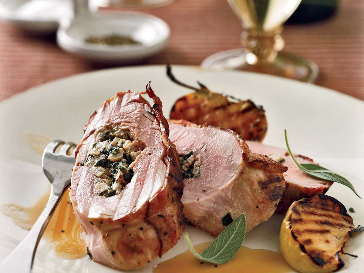 Stuffed Pork Tenderloins with Bacon and Apple-Riesling Sauce
