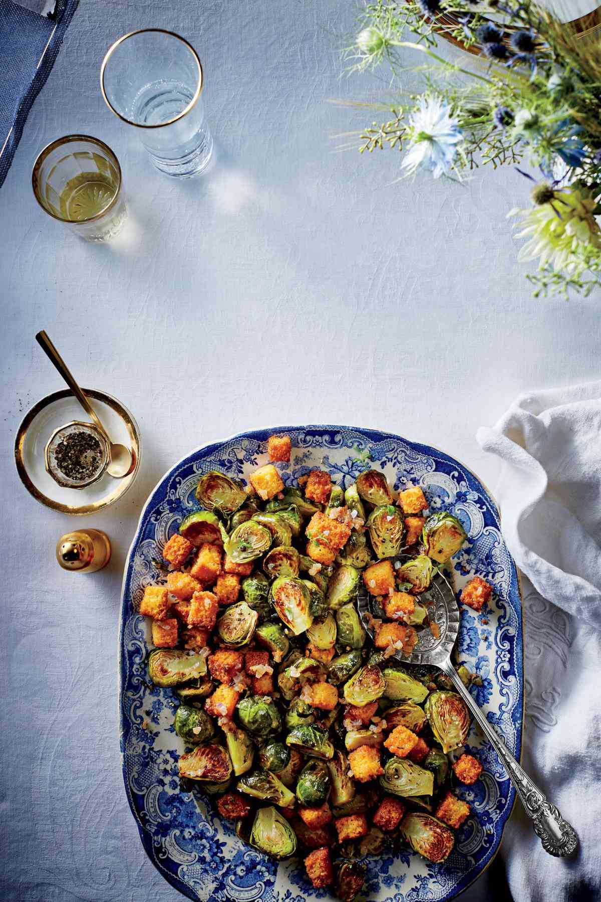 Side Dish: Brussels Sprouts with Cornbread Croutons