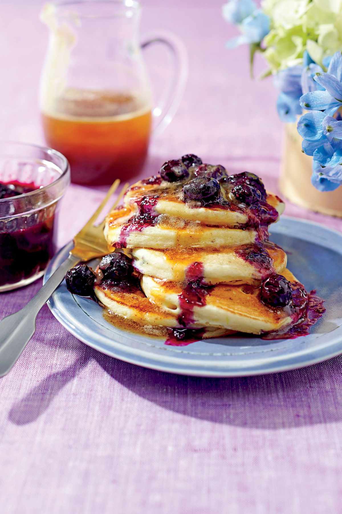 Ricotta Pancakes with Brown Butter-Maple Syrup and Blueberry Compote
