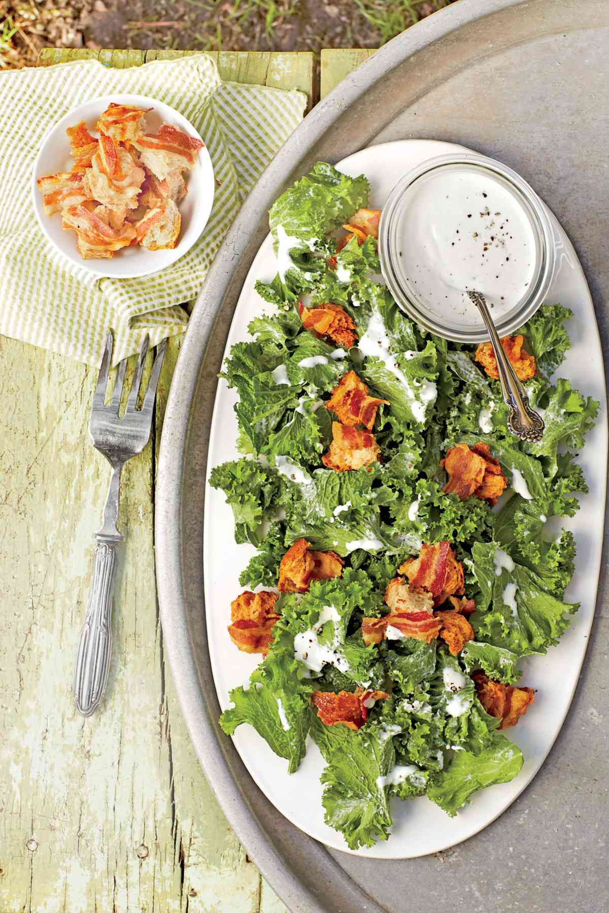 Mustard Greens with Yogurt-Parmesan Dressing and Bacon Croutons