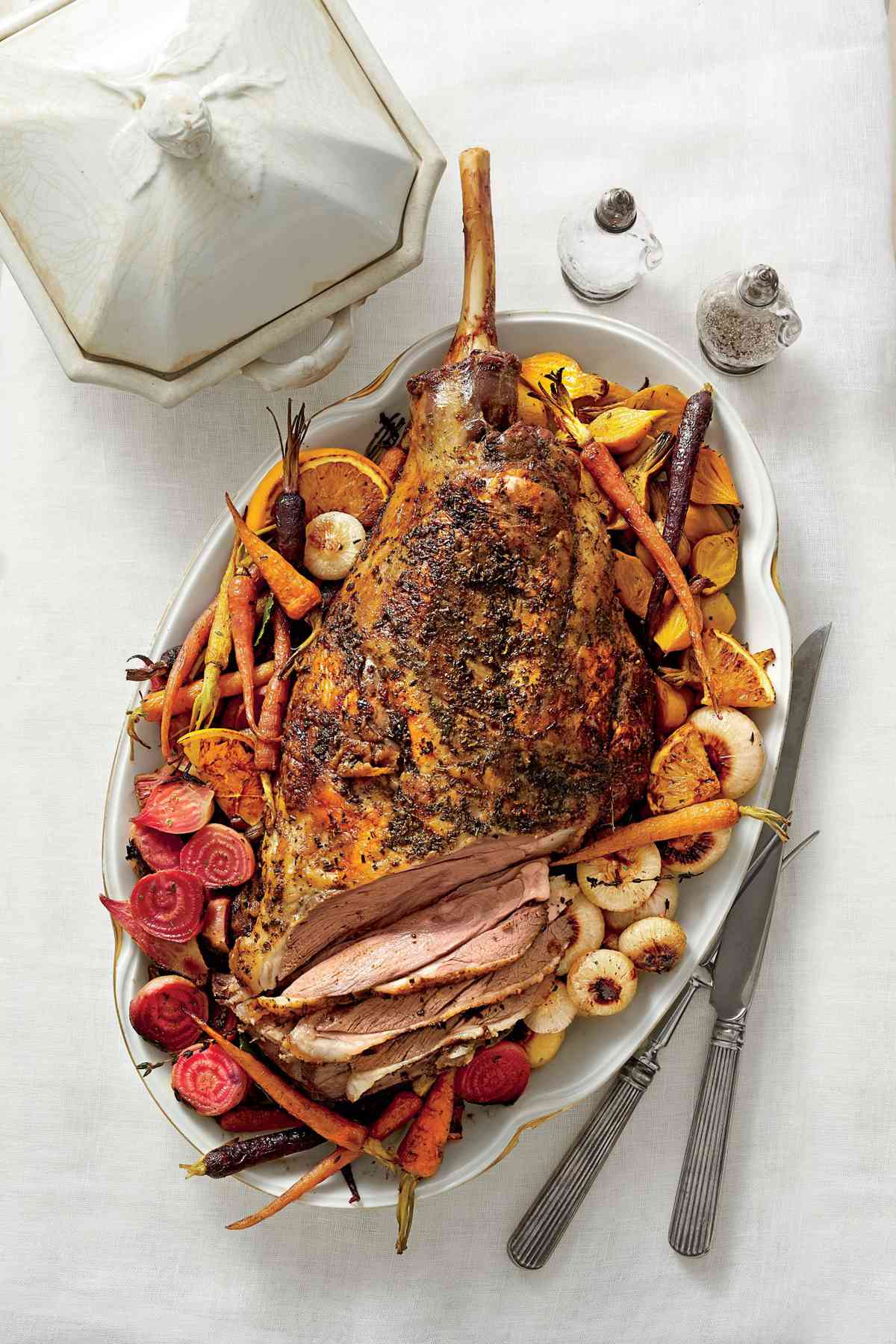 Roasted Leg of Lamb with Beets, Carrots, and Sweet Onions