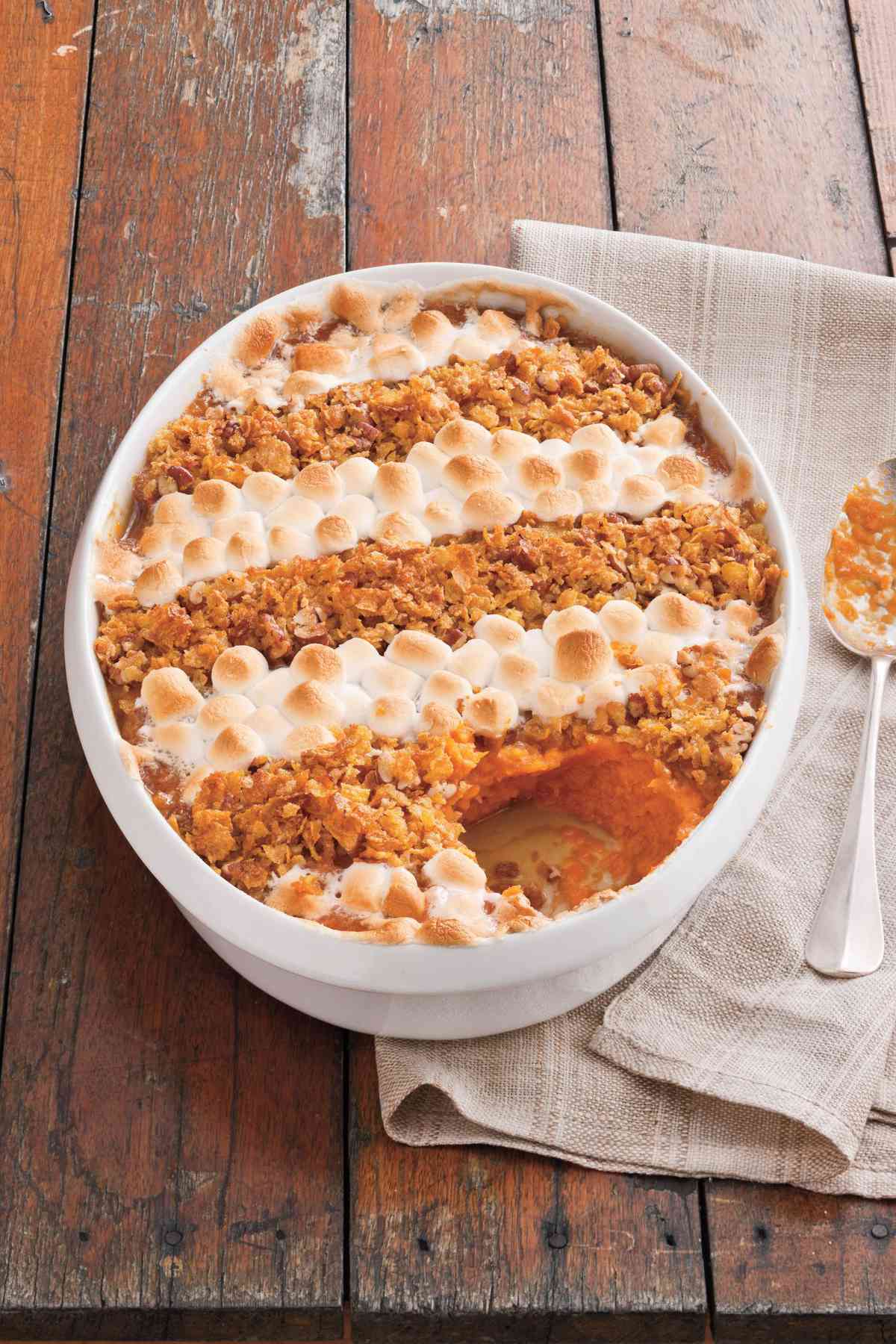 Sweet Potato Casserole with Marshmallows, Pecans, and Cornflakes