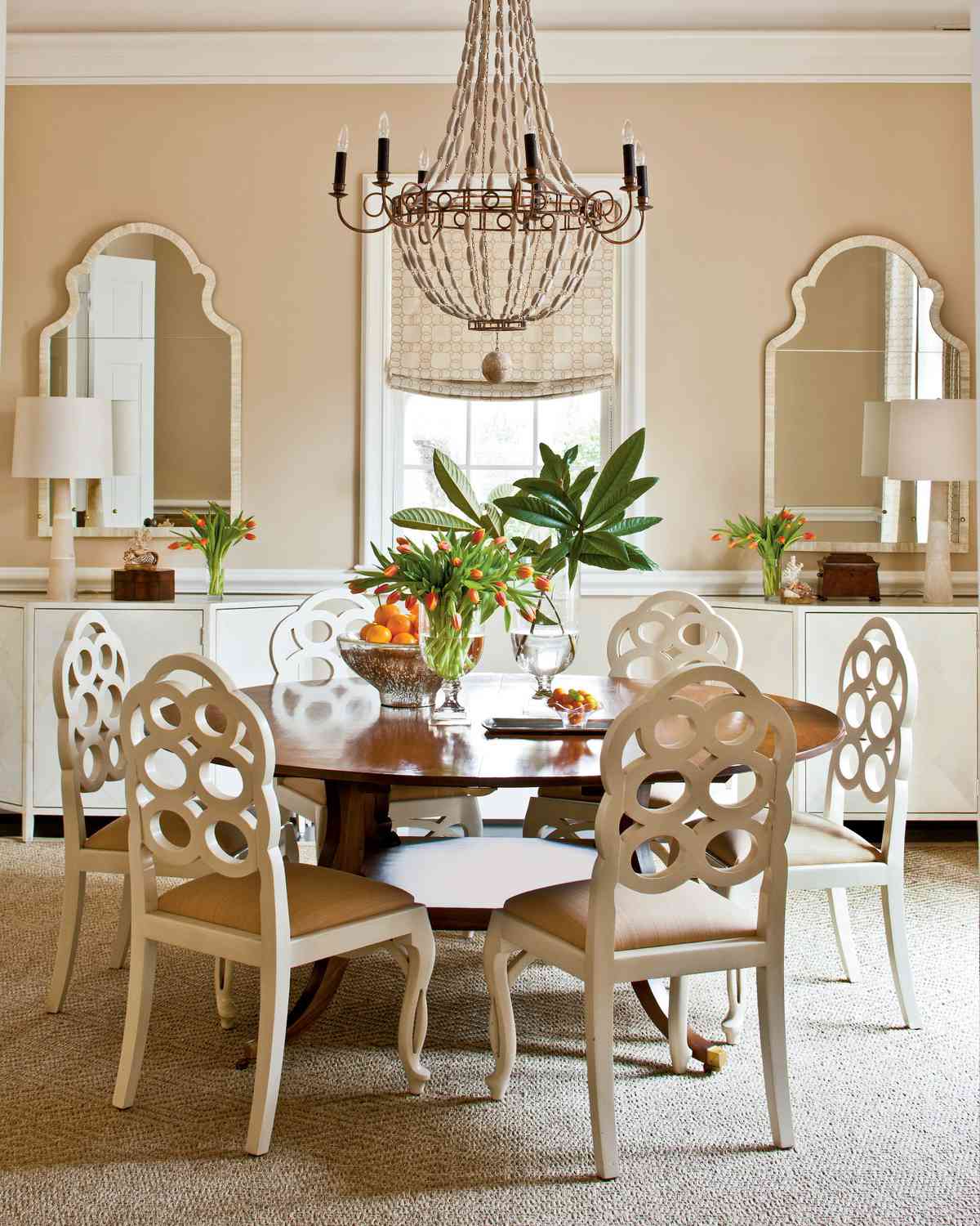 A large round table in a square dining room makes conversations easier and most have leaves for extra seating.