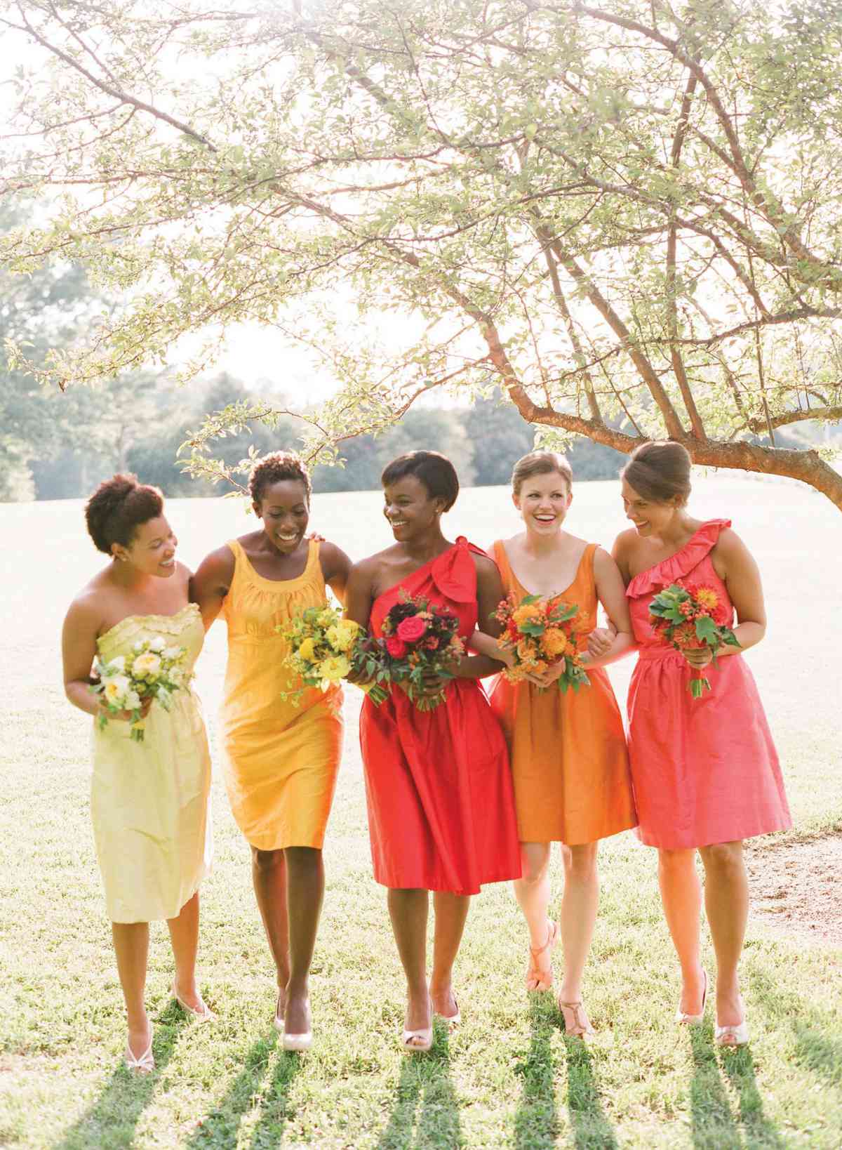 Bridesmaids' Dresses in Various Shades and Styles