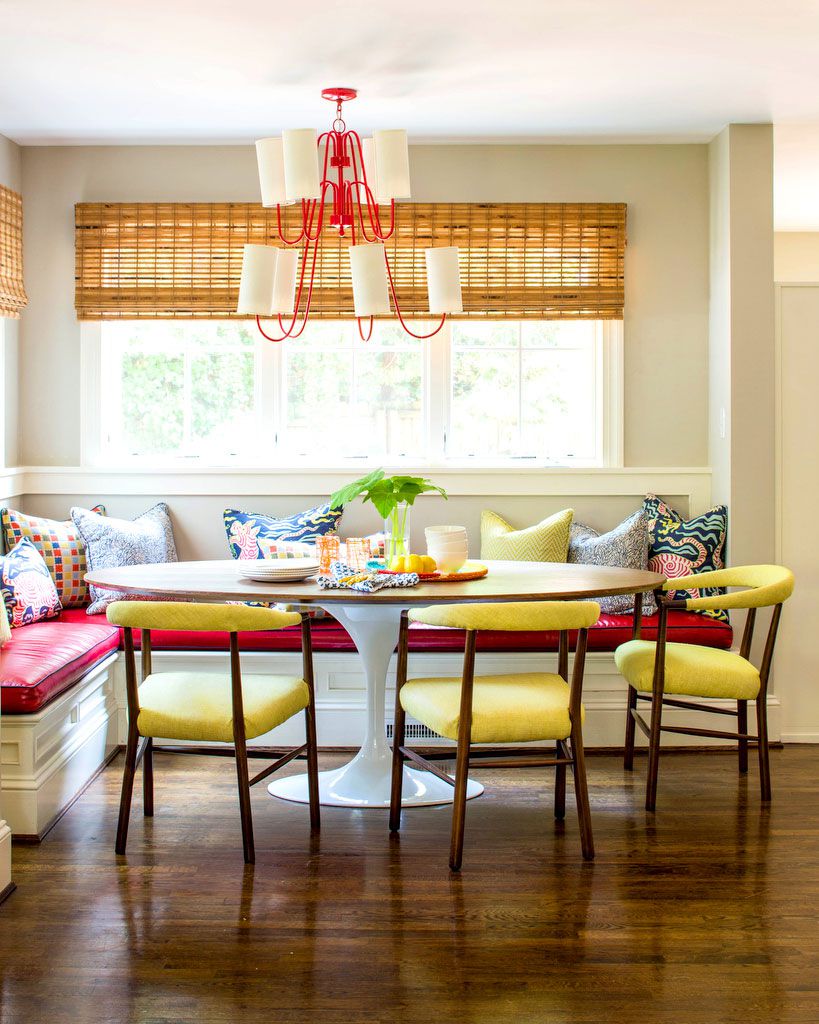 Red Banquette in Kitchen with Yellow Chairs