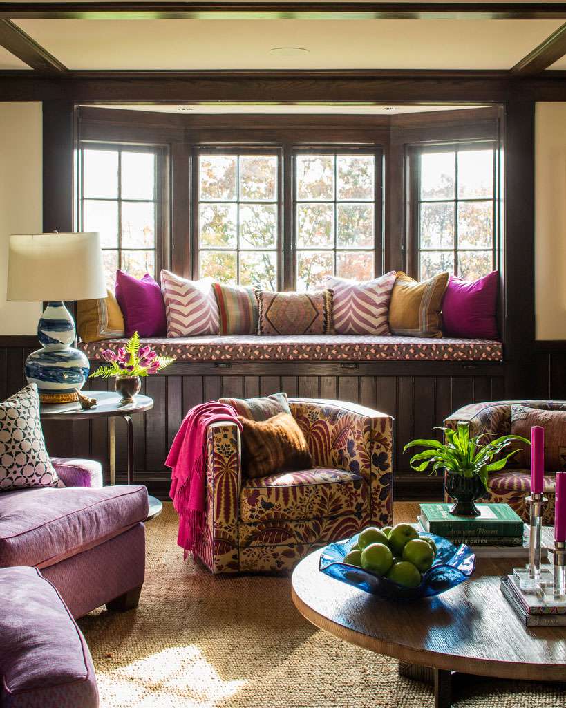 Purple and Wood Room with Window Seat