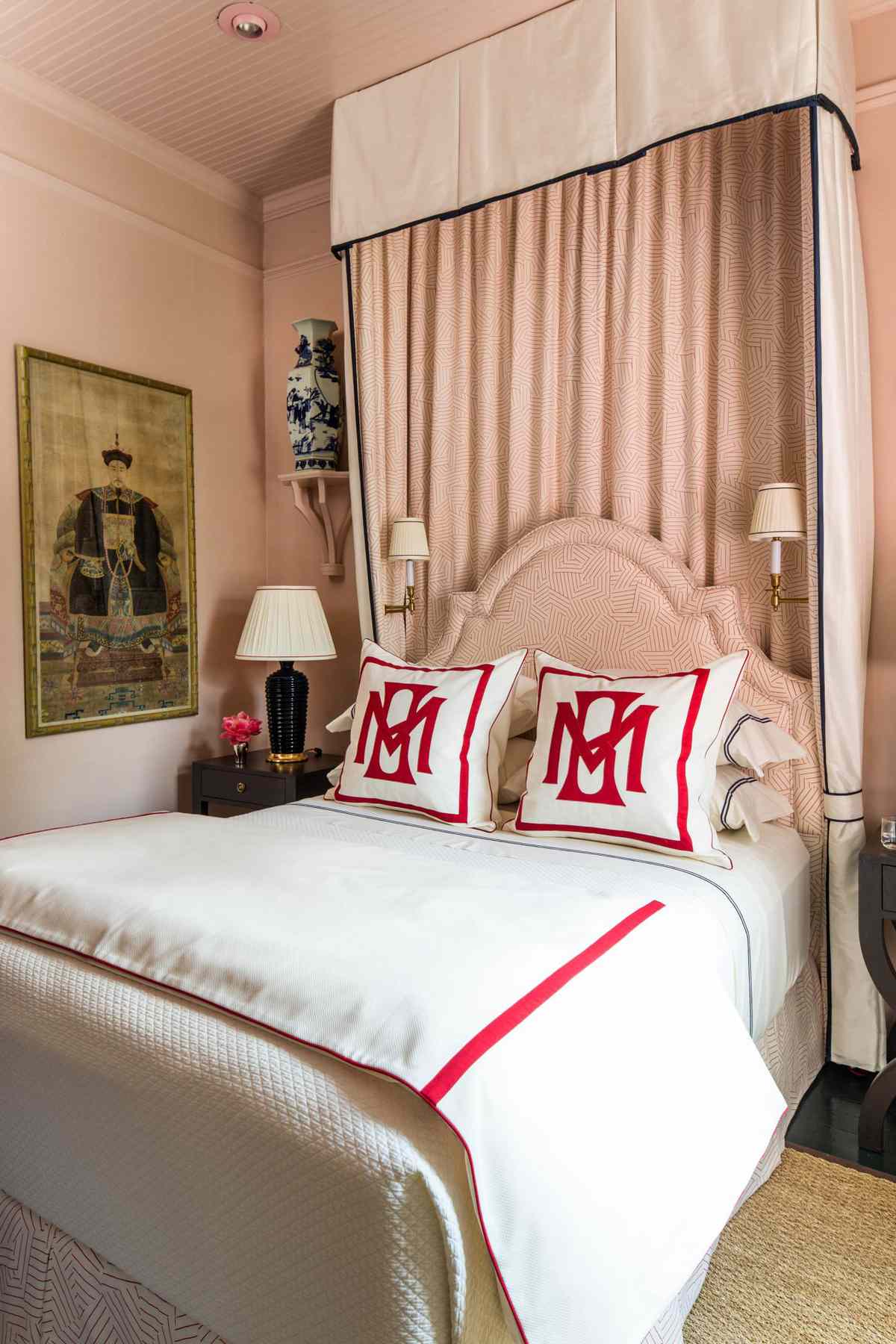 Blush Room with Red Monogrammed Bedding