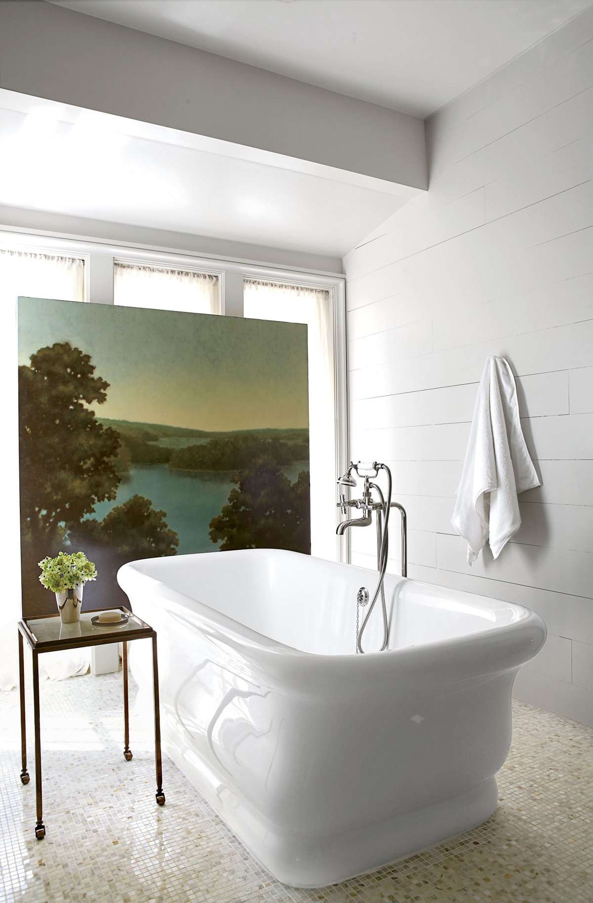 Landscape Art in White Bathroom