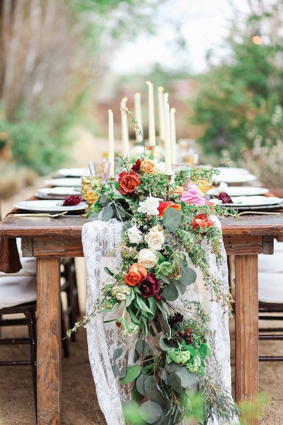 Wooden Table Floral Garland Wedding Tablescape