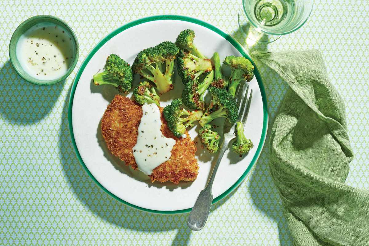 Crispy Oven-Fried Chicken Cutlets with Roasted Broccoli and Parmesan Cream Sauce Recipe 