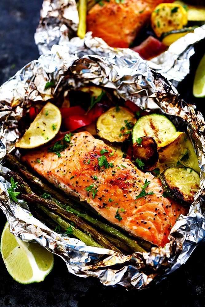 Grilled Lime Butter Salmon in Foil with Summer Veggies