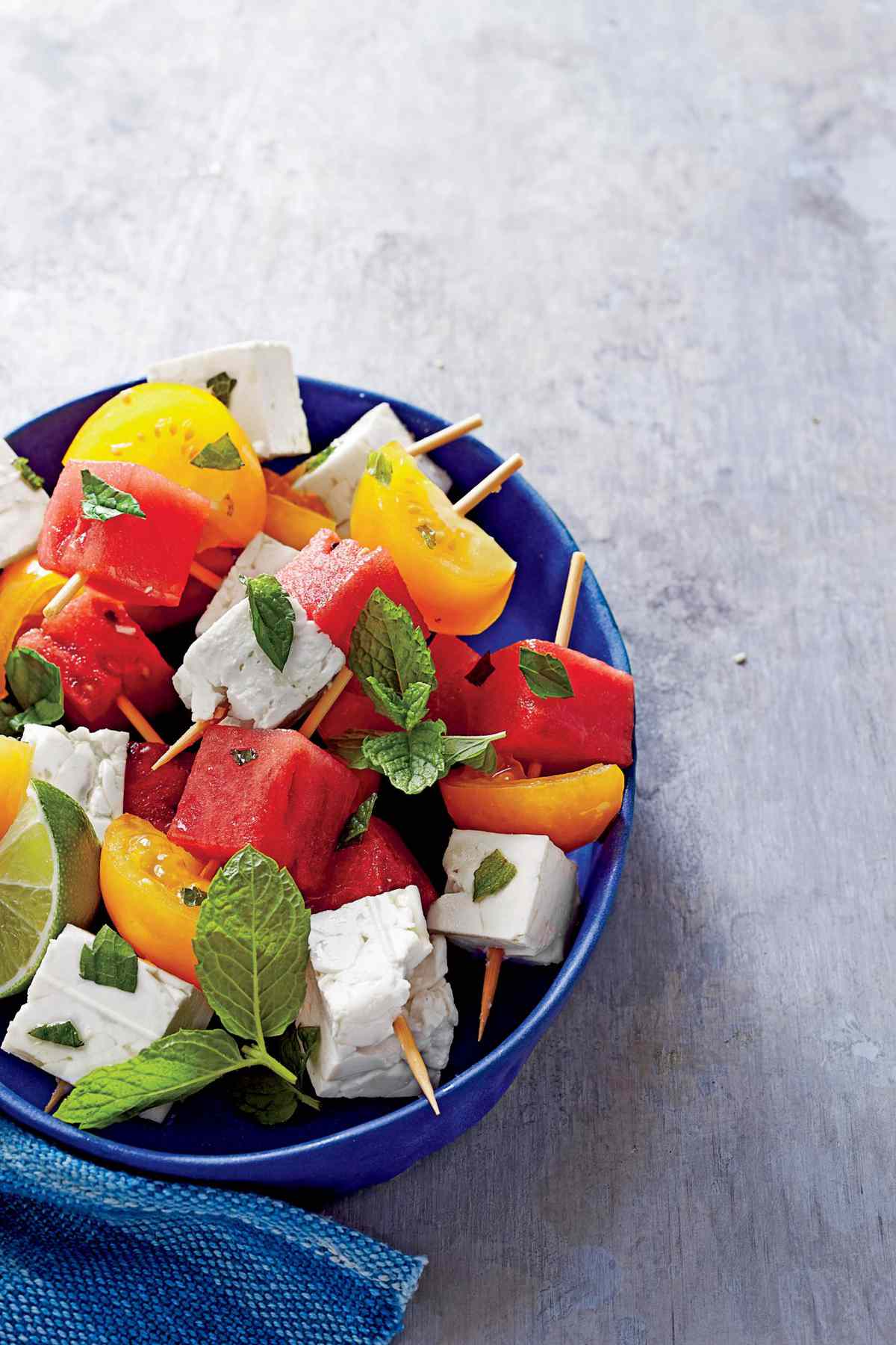 Tomato, Watermelon, and Feta Skewers with Mint and Lime