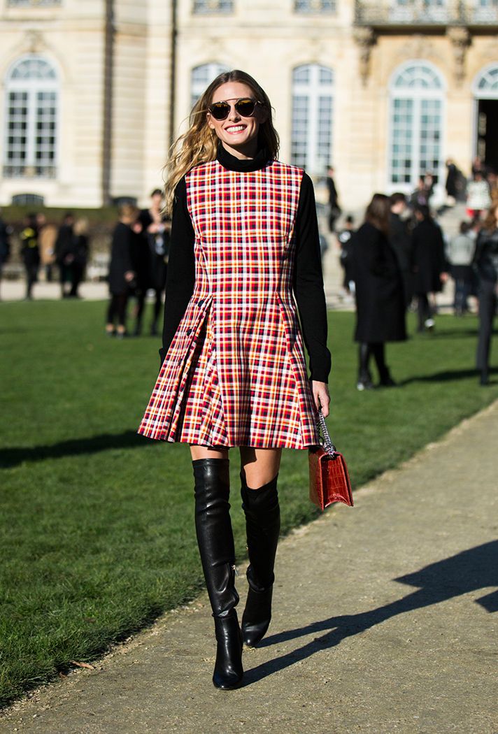 Red Tartan Skater Dress with Black Leather Boots