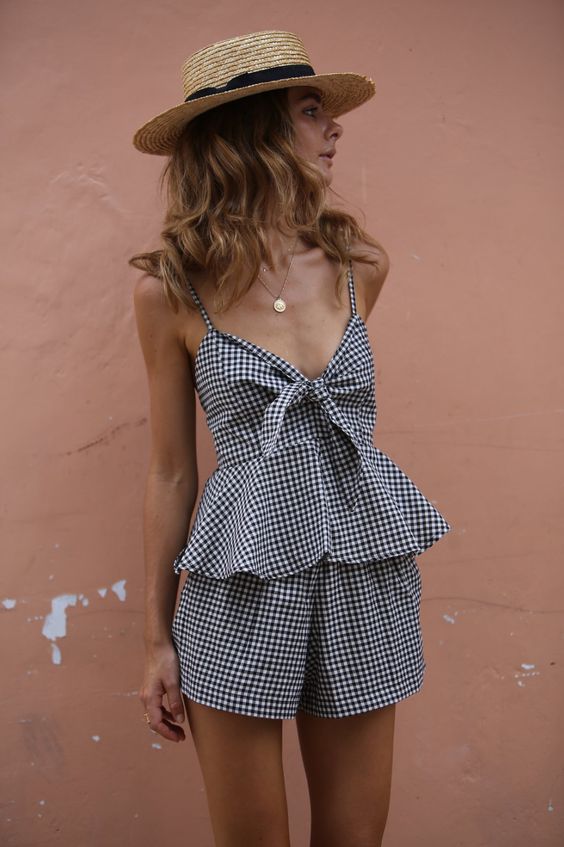 Gingham Two Piece Set with Boater Hat