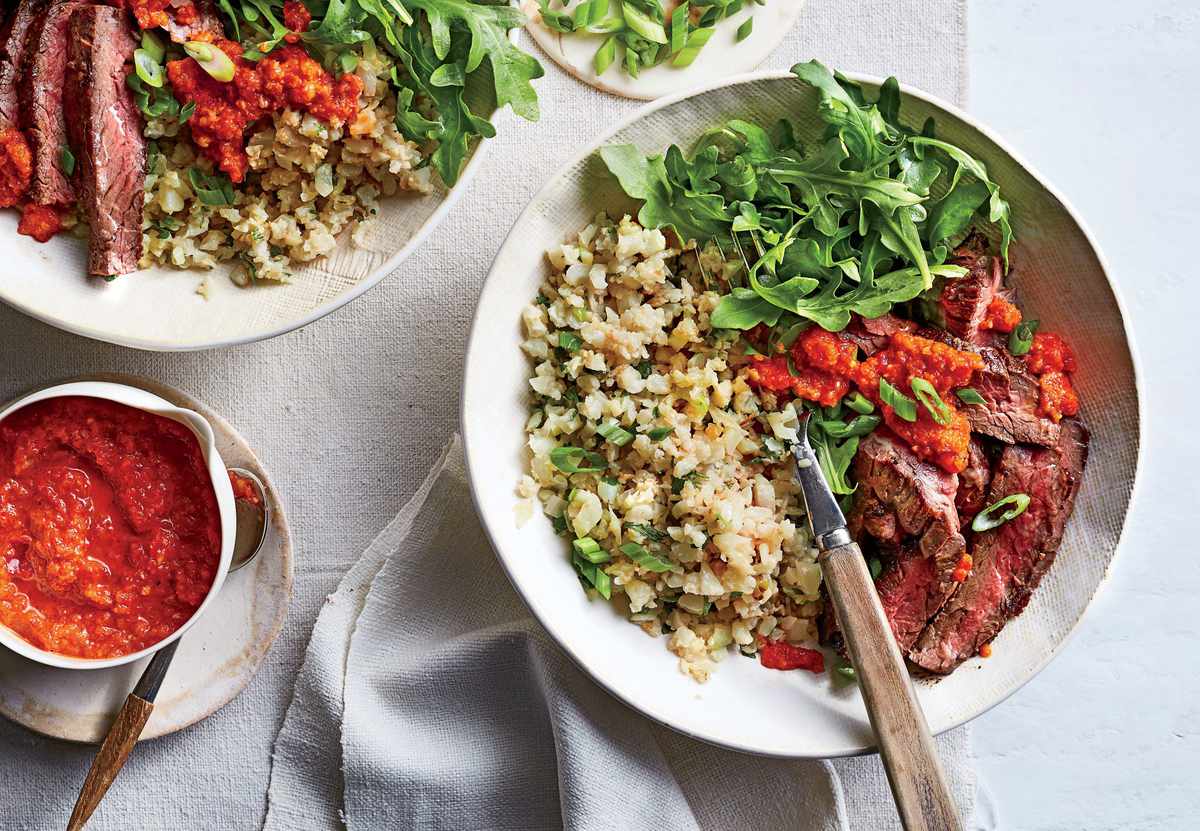 Skirt Steak and Cauliflower Rice with Red Pepper Sauce