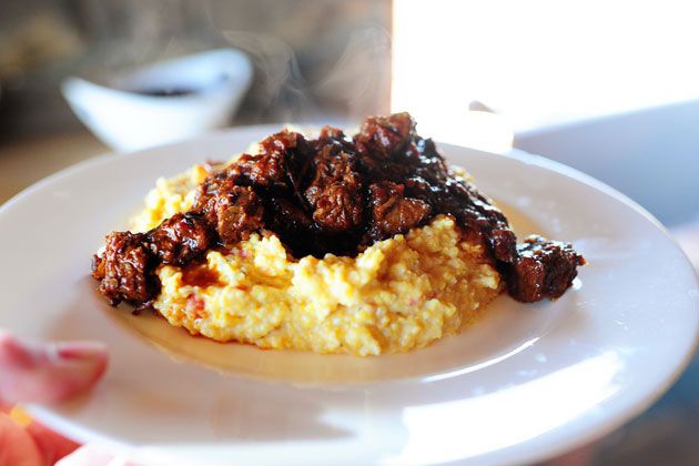 Spicy Stewed Beef with Creamy Cheddar Cheese Grits