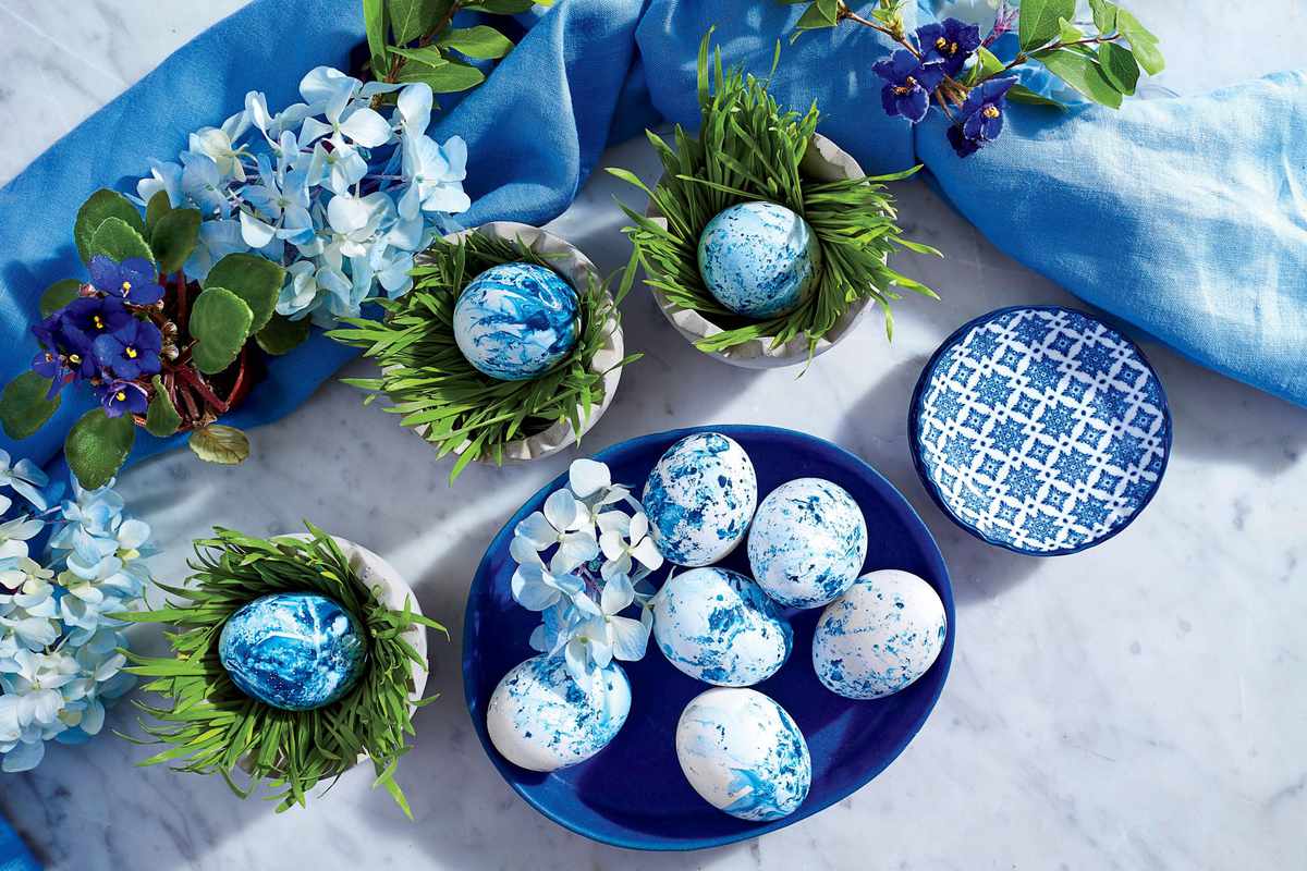 Blue and White Easter Egg and Hydrangea Centerpiece