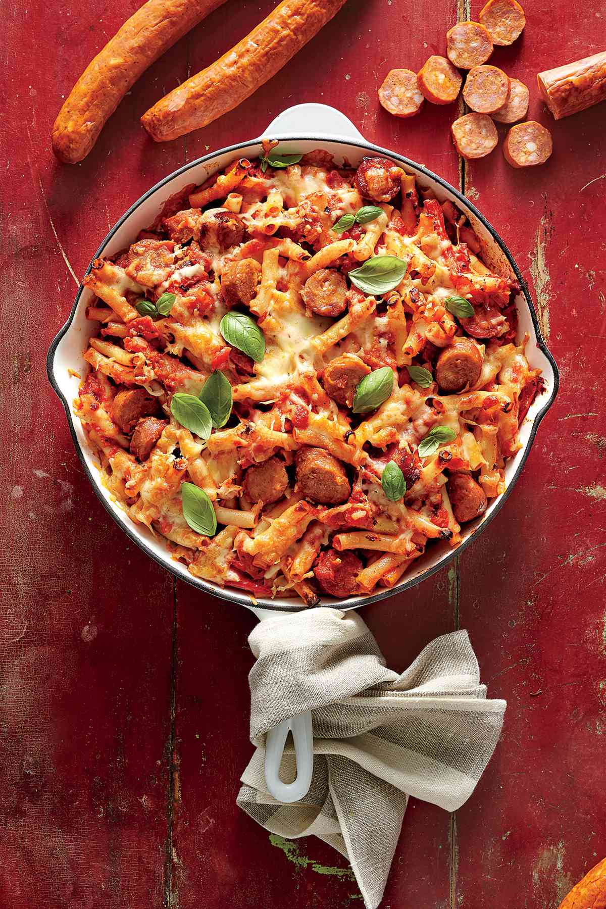 Skillet-Baked Ziti with Andouille, Tomatoes, and Peppers 