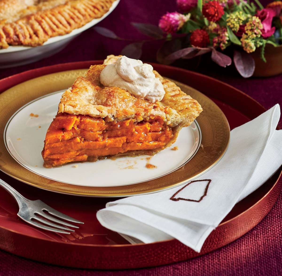 Sliced Sweet Potato Pie with Molasses Whipped Cream