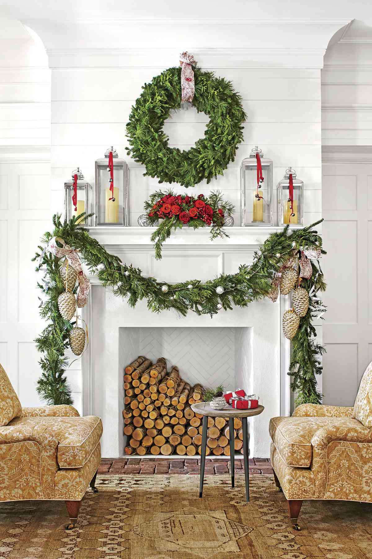 Red and Silver Greenery Display Over Mantel
