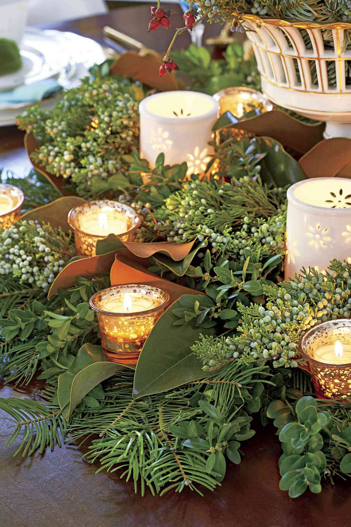 Christmas Greenery Centerpiece with Votive Candles