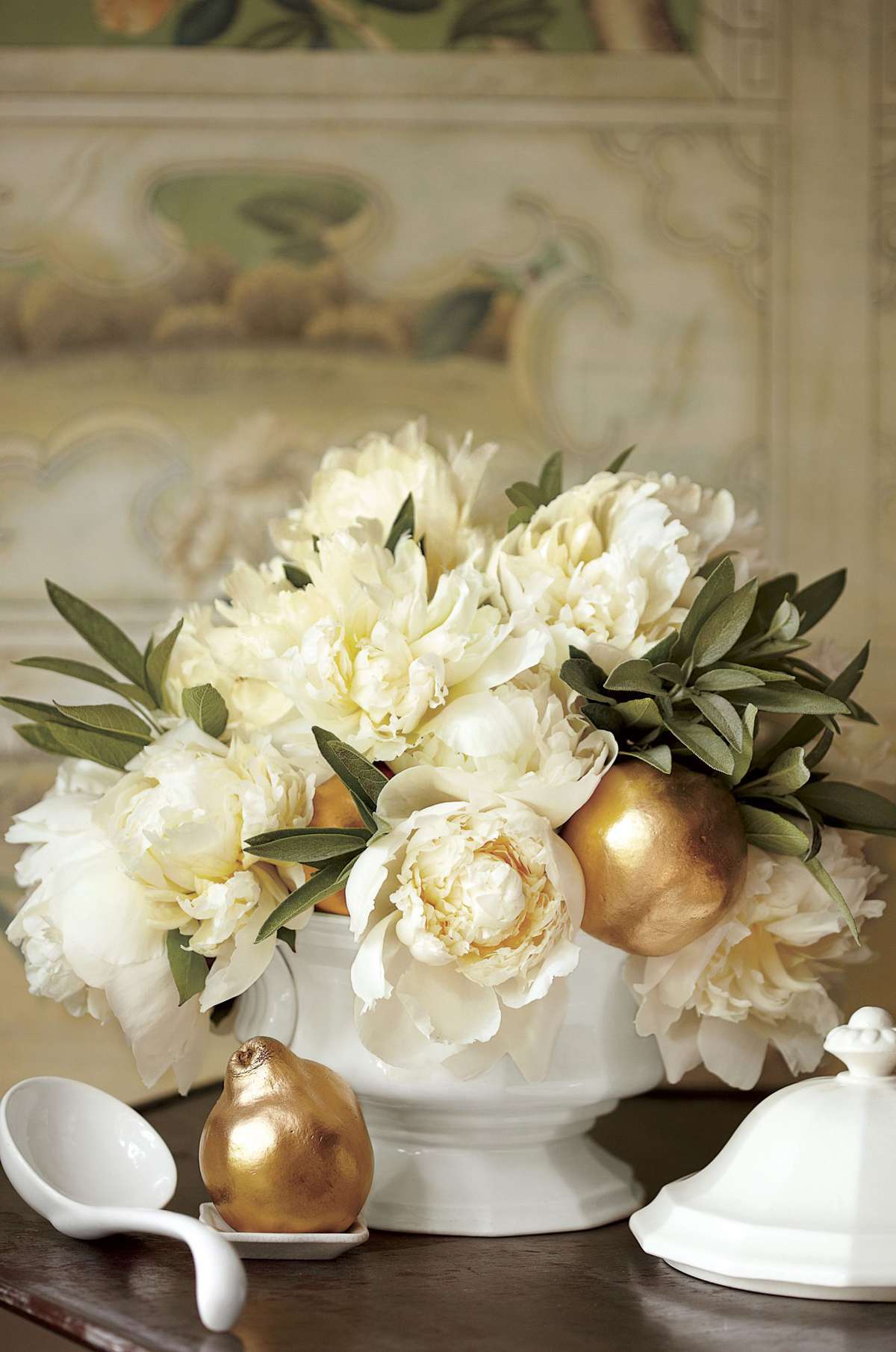 White Peonies and Gold Fruit Christmas Centerpiece