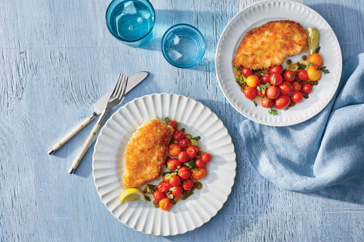 Crispy Chicken Cutlets with Blistered Tomatoes