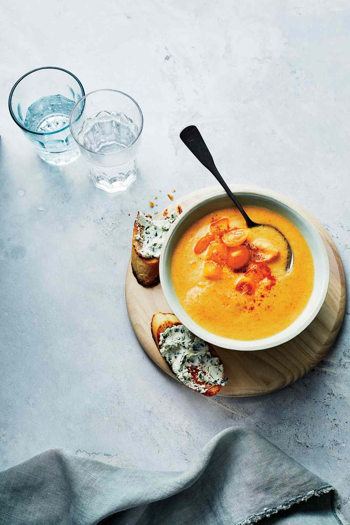 Yellow Gazpacho with Herbed Goat Cheese Toasts