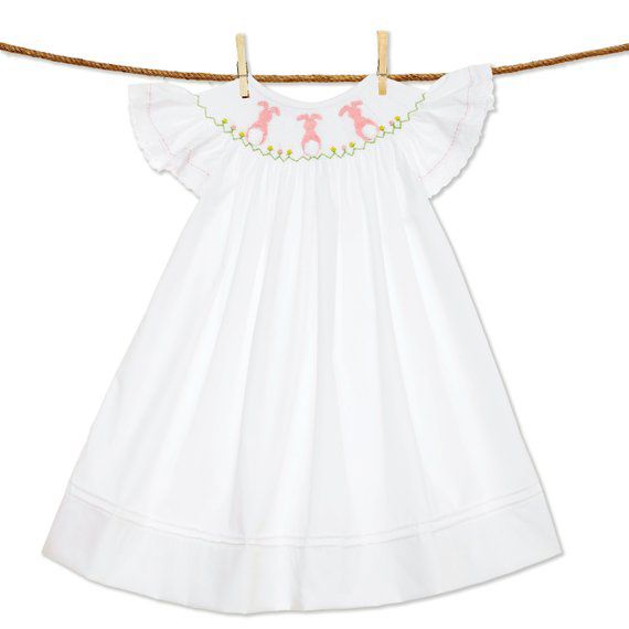 White Smocked Dress with Pink Bunnies