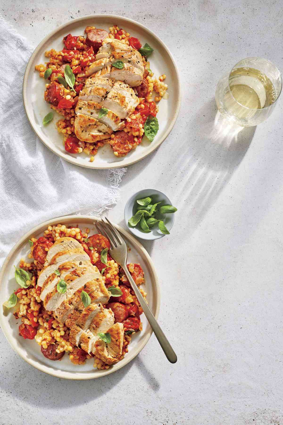 Tomato-Basil Couscous with Chicken and Smoked Sausage